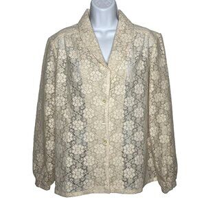Vintage 70s Daisy Pot Crochet Lace Blouse Shirt Size M Ivory Floral Cottagecore
